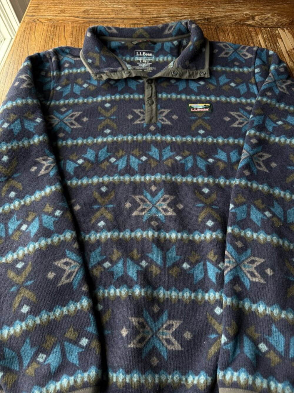 L.L.Bean Fair Isle Snap Placket Fleece Pullover Navy Mens L